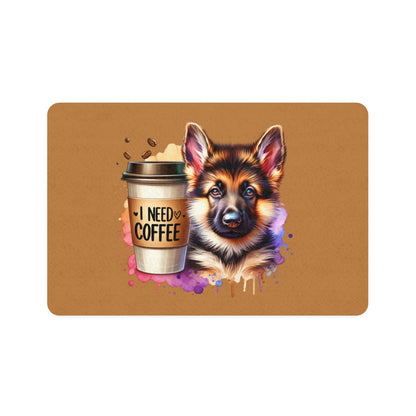 German Shepherd with Coffee Pet Food Mat – Cute & Non-Slip Design