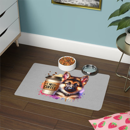 German Shepherd with Coffee Pet Food Mat – Cute & Non-Slip Design