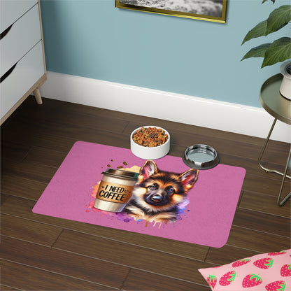 German Shepherd with Coffee Pet Food Mat – Cute & Non-Slip Design
