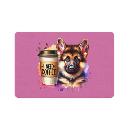 German Shepherd with Coffee Pet Food Mat – Cute & Non-Slip Design