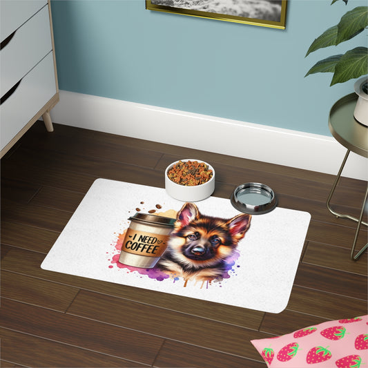 German Shepherd with Coffee Pet Food Mat – Cute & Non-Slip Design