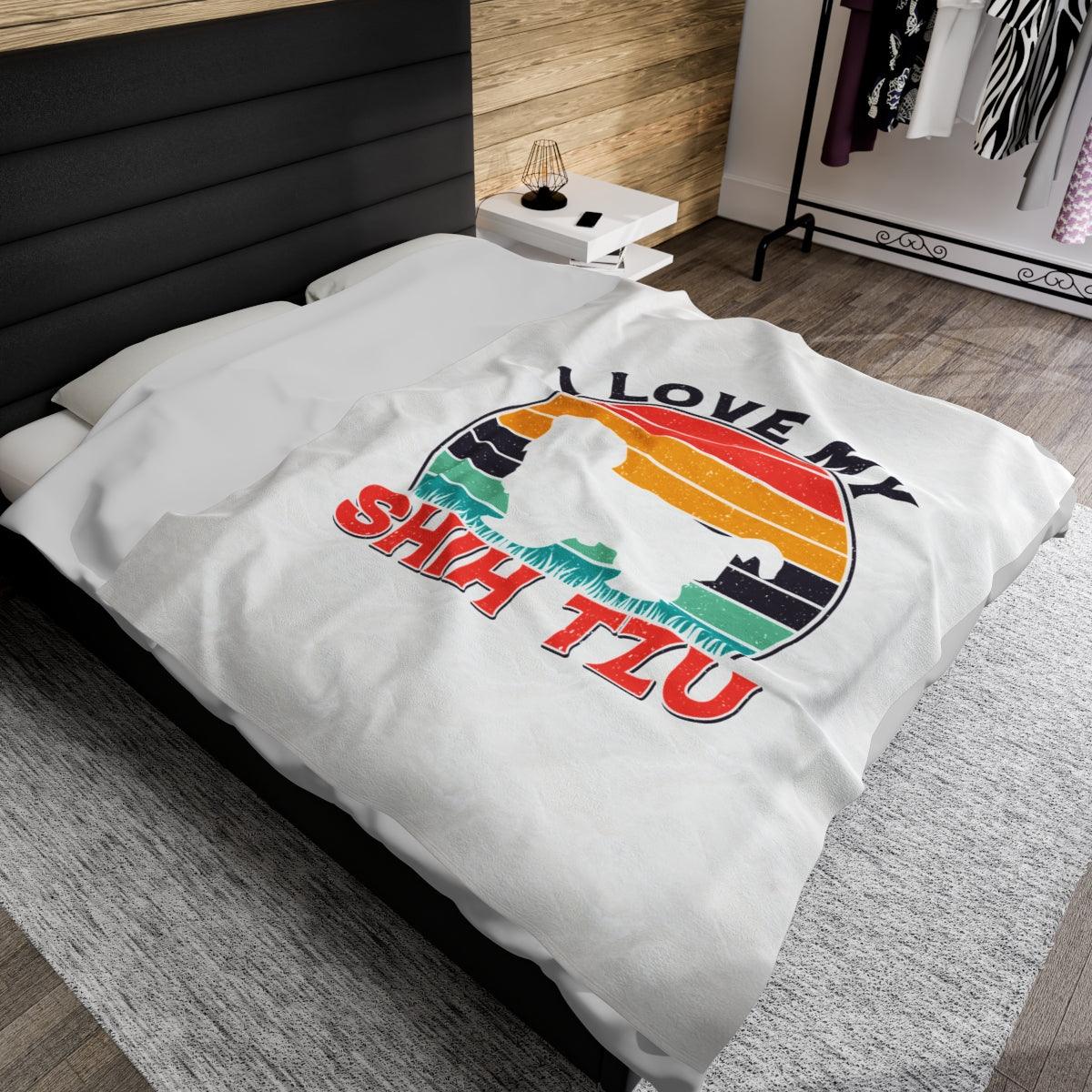 I Love My Shih Tzu With Rainbow Velveteen Plush Blanket - Shih Tzu Gifts