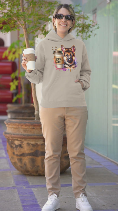 German Shepherd with Coffee Hoodie – Gift for Dog & Coffee Lovers