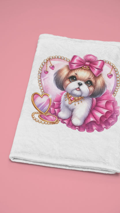 Pink Bow Shih Tzu Velveteen Plush Blanket