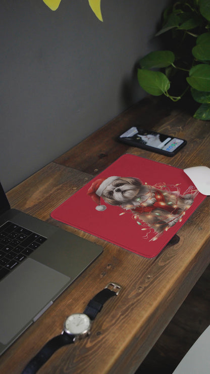 Shih Tzu Wearing a Christmas Hat and Wrapped in Lights Mouse Pad