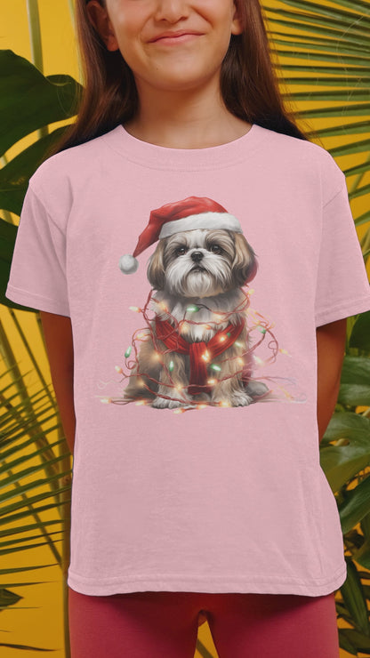 Shih Tzu Wearing a Christmas Hat and Wrapped in Lights Youth Short Sleeve Tee