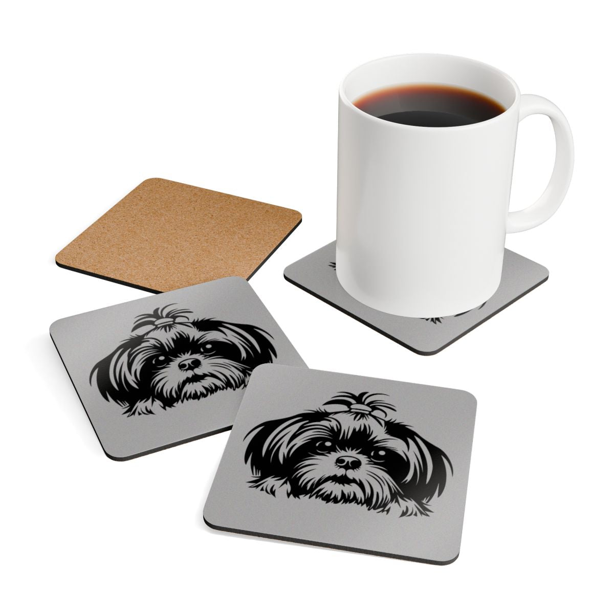 Shih-Tzu-Black-and-White-white- Corkwood Coaster Set - Shih Tzu Gifts