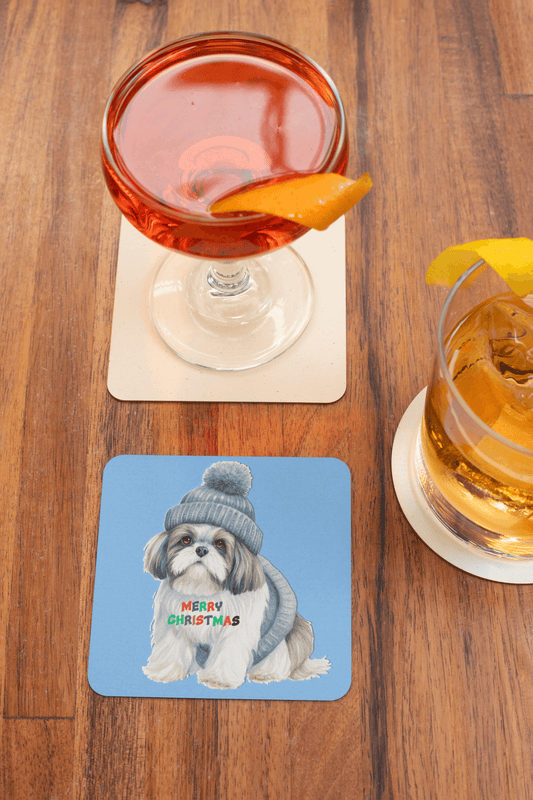 Festive "Merry Christmas Shih Tzu" Corkwood Coaster Set – Perfect Gift! - Shih Tzu Gifts