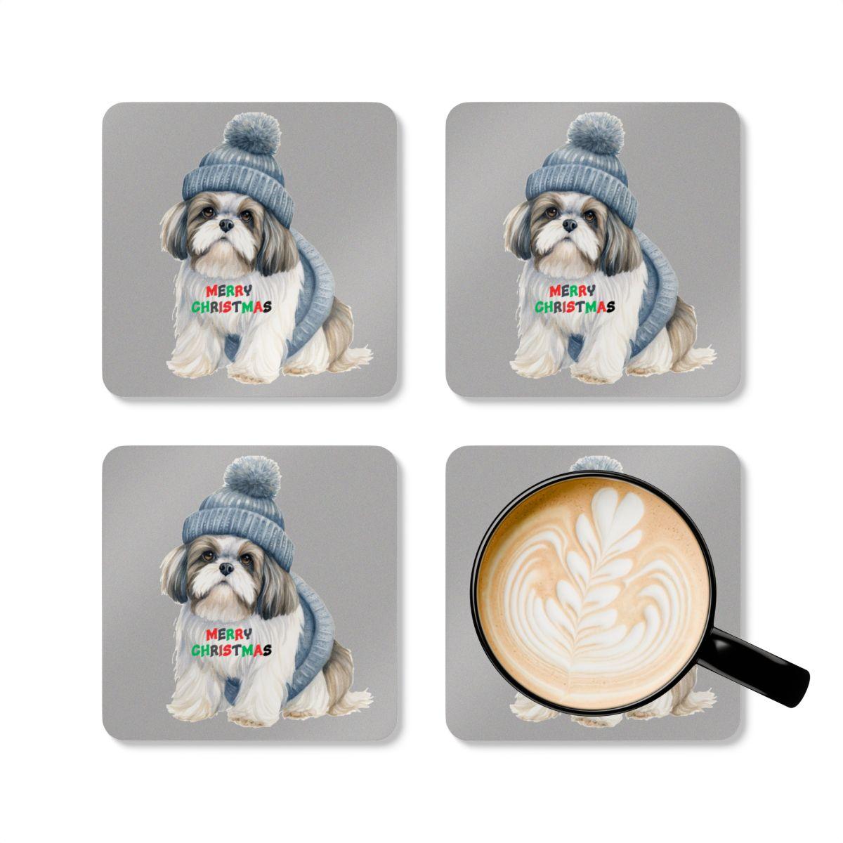 Festive "Merry Christmas Shih Tzu" Corkwood Coaster Set – Perfect Gift! - Shih Tzu Gifts