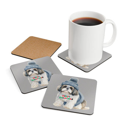 Festive "Merry Christmas Shih Tzu" Corkwood Coaster Set – Perfect Gift! - Shih Tzu Gifts