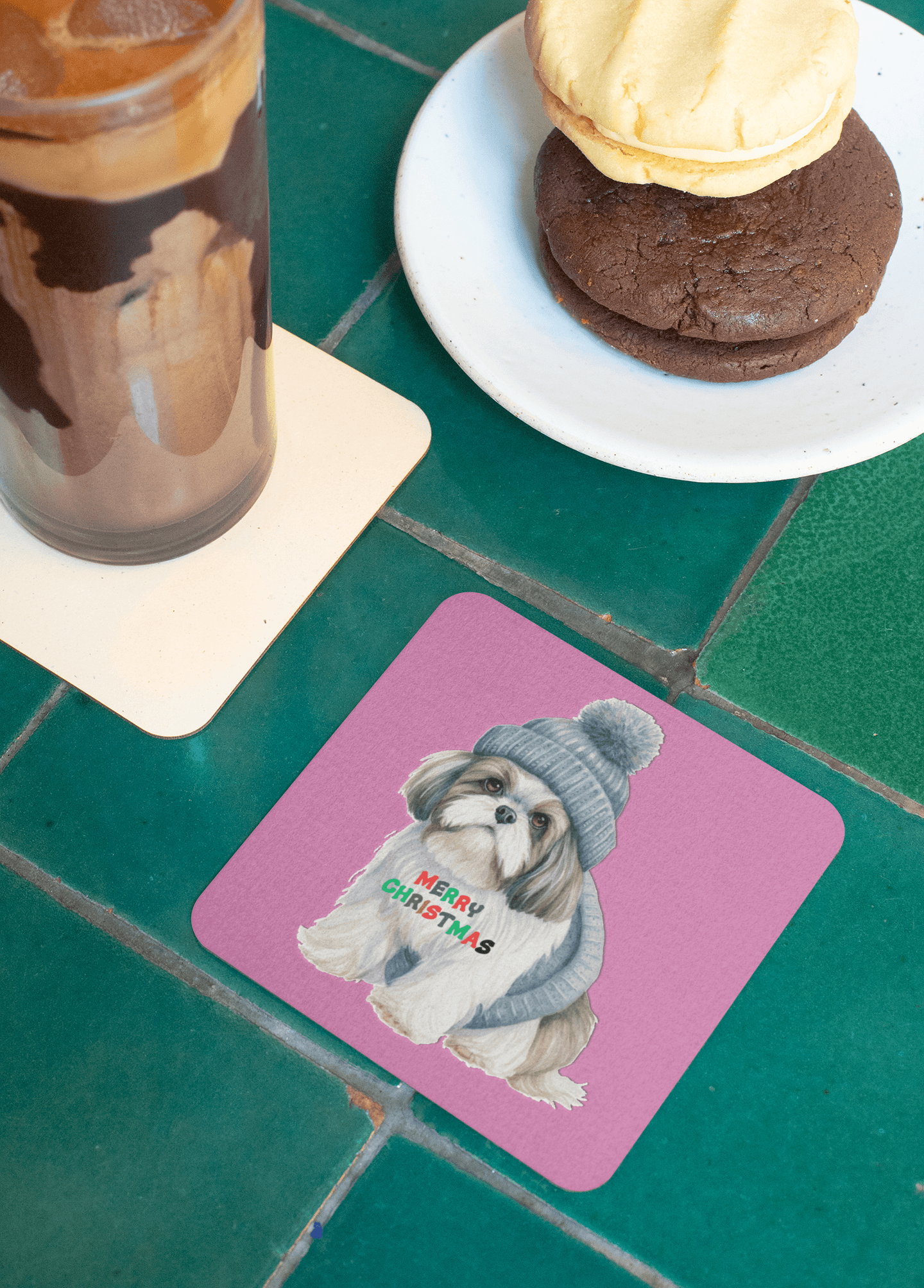 Festive "Merry Christmas Shih Tzu" Corkwood Coaster Set – Perfect Gift! - Shih Tzu Gifts