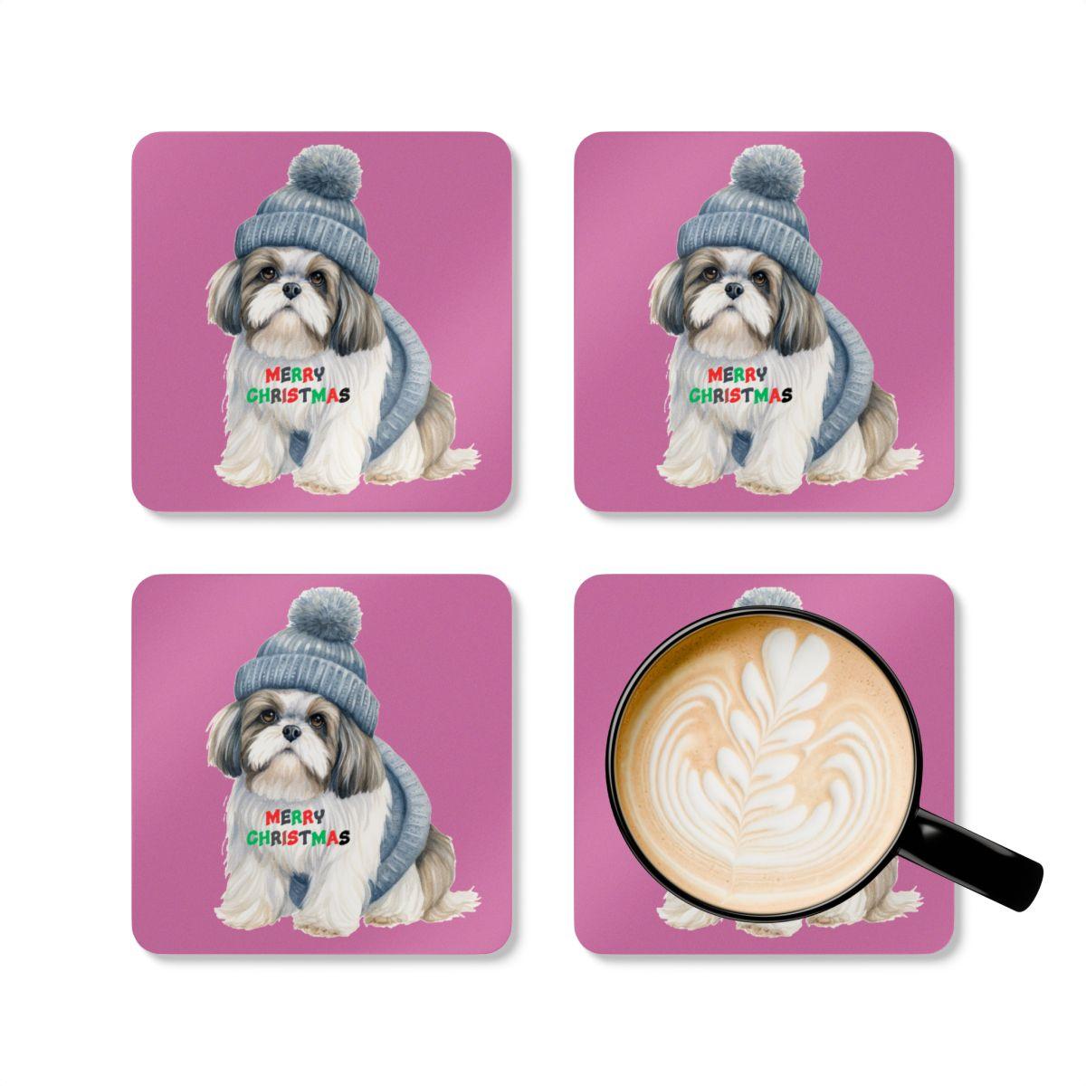 Festive "Merry Christmas Shih Tzu" Corkwood Coaster Set – Perfect Gift! - Shih Tzu Gifts