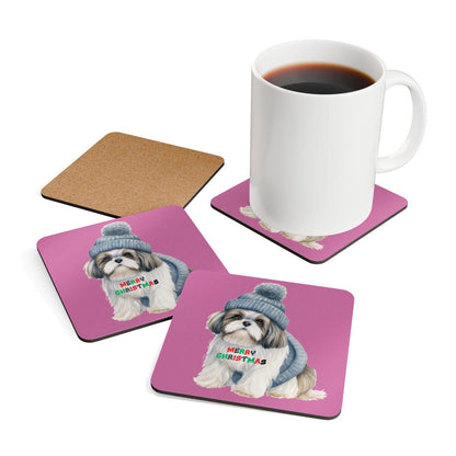 Festive "Merry Christmas Shih Tzu" Corkwood Coaster Set – Perfect Gift! - Shih Tzu Gifts