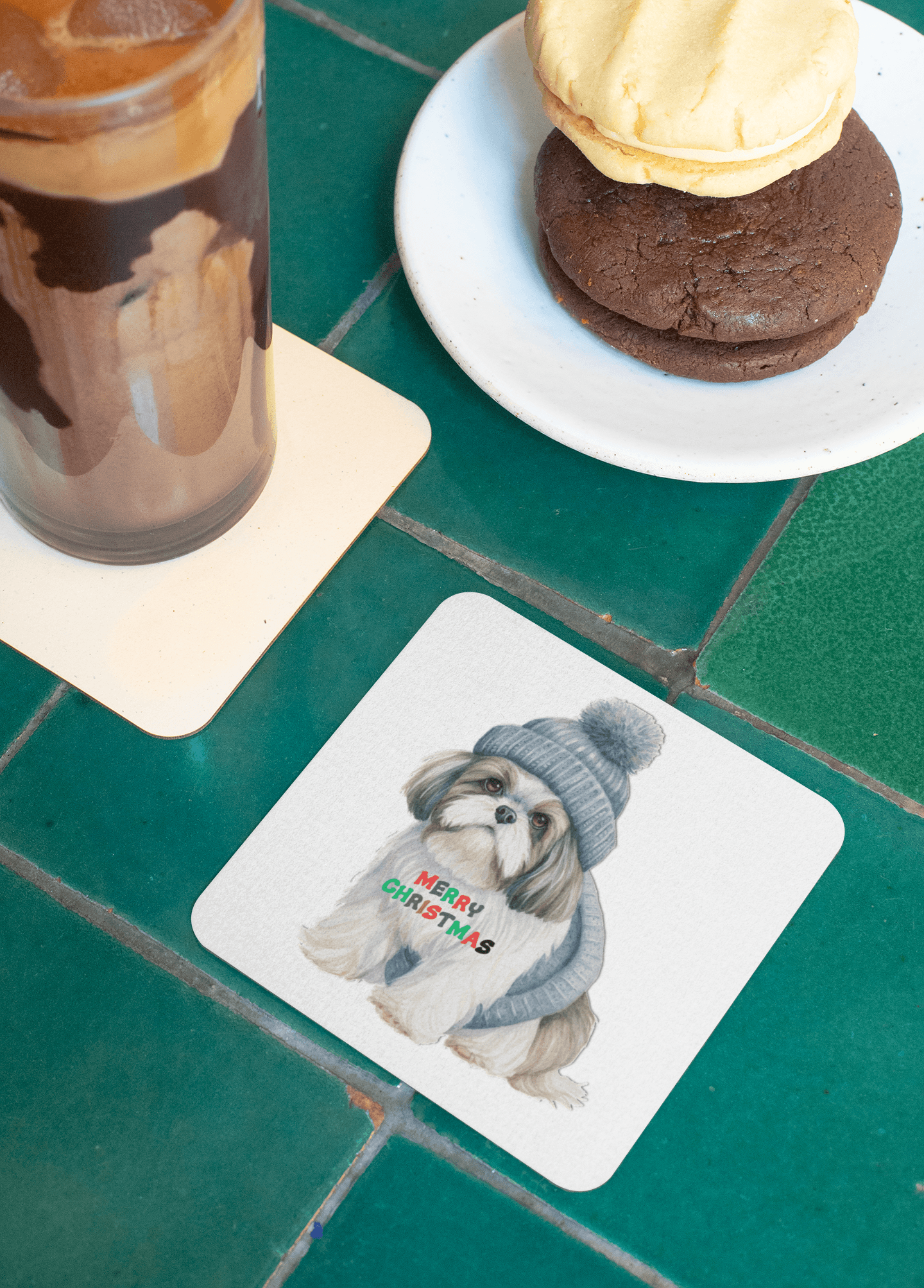 Festive "Merry Christmas Shih Tzu" Corkwood Coaster Set – Perfect Gift! - Shih Tzu Gifts