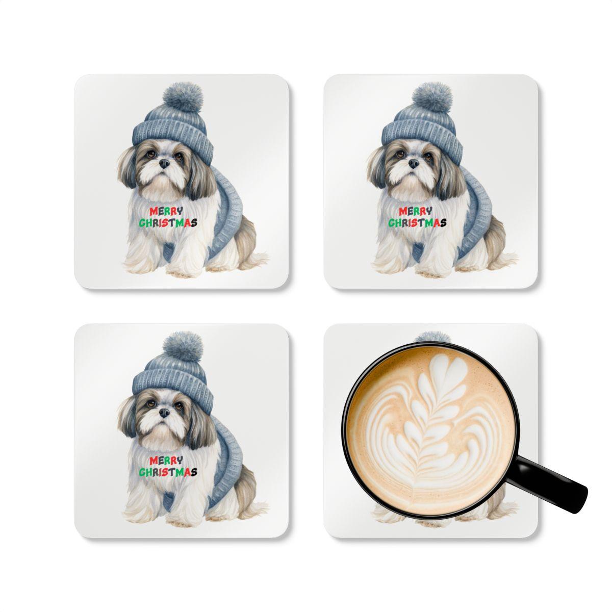 Festive "Merry Christmas Shih Tzu" Corkwood Coaster Set – Perfect Gift! - Shih Tzu Gifts