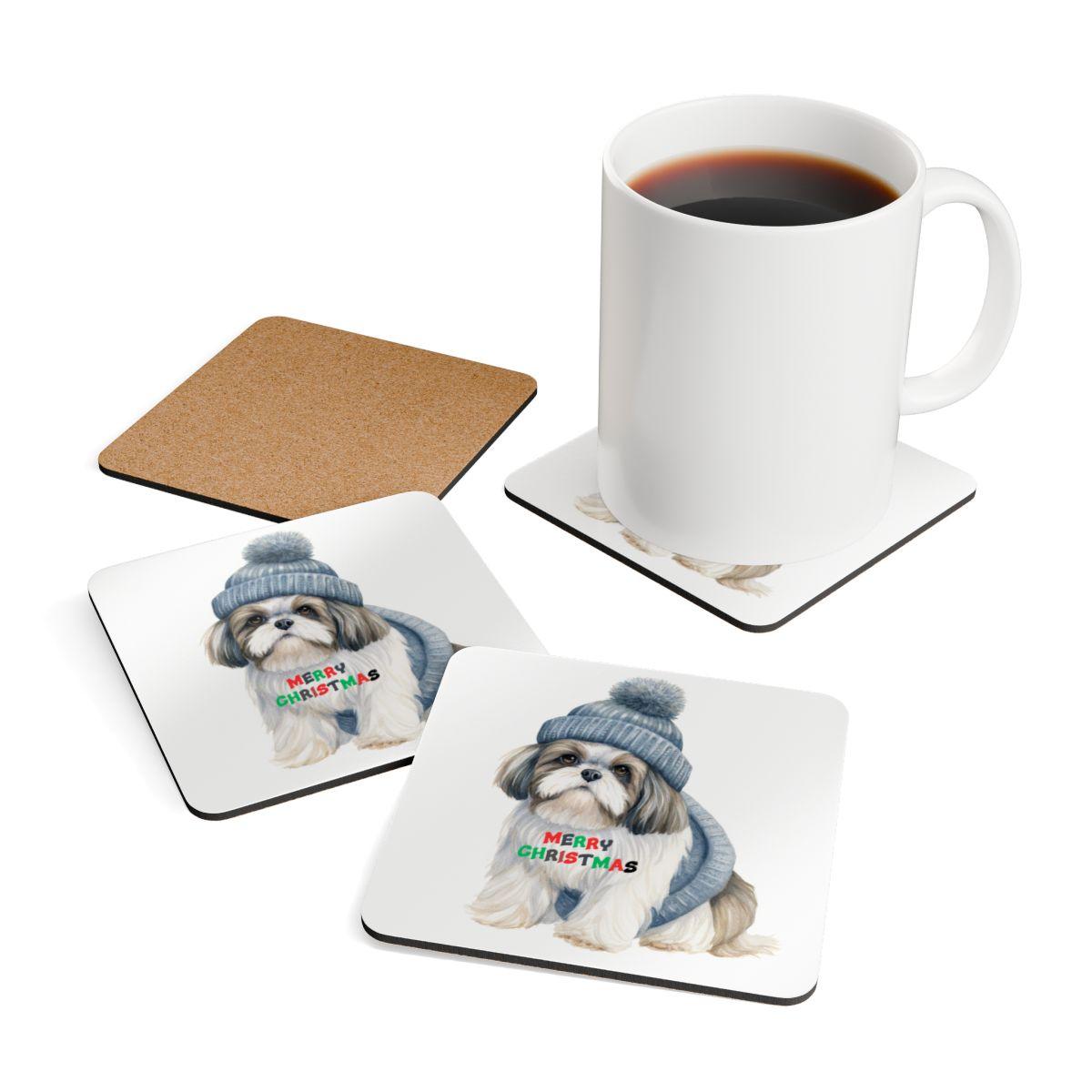 Festive "Merry Christmas Shih Tzu" Corkwood Coaster Set – Perfect Gift! - Shih Tzu Gifts