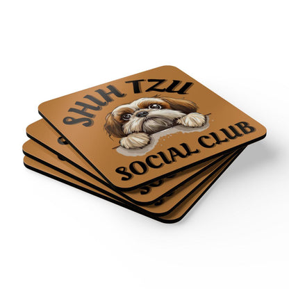 Shih Tzu Social Club Corkwood Coaster Set - Shih Tzu Gifts