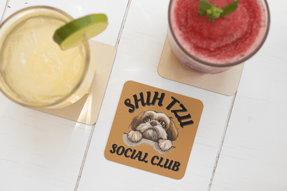 Shih Tzu Social Club Corkwood Coaster Set - Shih Tzu Gifts