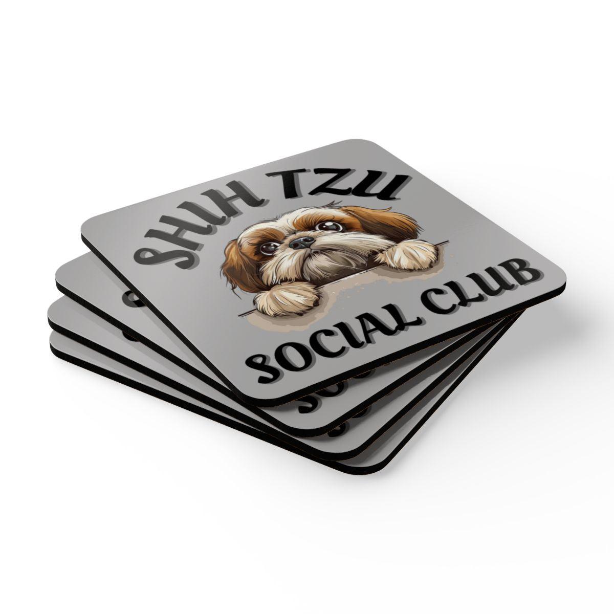 Shih Tzu Social Club Corkwood Coaster Set - Shih Tzu Gifts