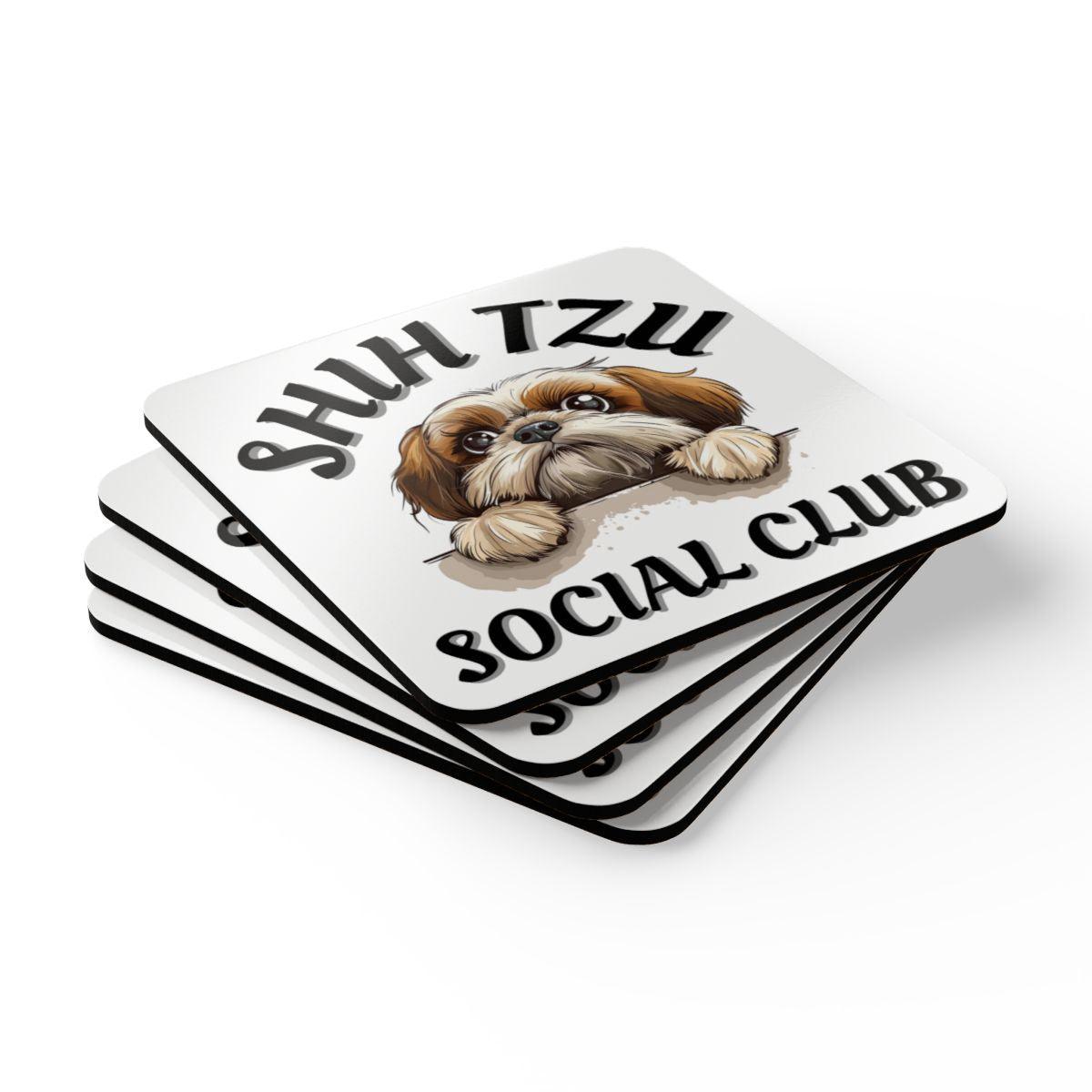 Shih Tzu Social Club Corkwood Coaster Set - Shih Tzu Gifts