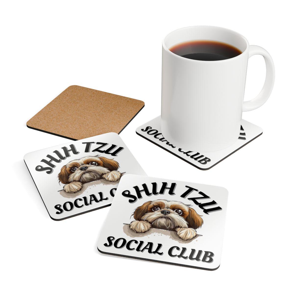 Shih Tzu Social Club Corkwood Coaster Set - Shih Tzu Gifts