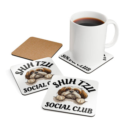 Shih Tzu Social Club Corkwood Coaster Set - Shih Tzu Gifts