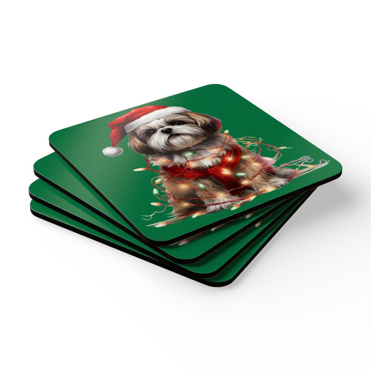 Shih Tzu Wearing a Christmas Hat and Wrapped in Lights Corkwood Coaster Set - Shih Tzu Gifts