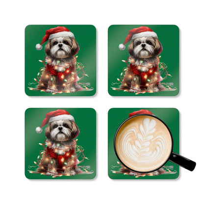 Shih Tzu Wearing a Christmas Hat and Wrapped in Lights Corkwood Coaster Set - Shih Tzu Gifts