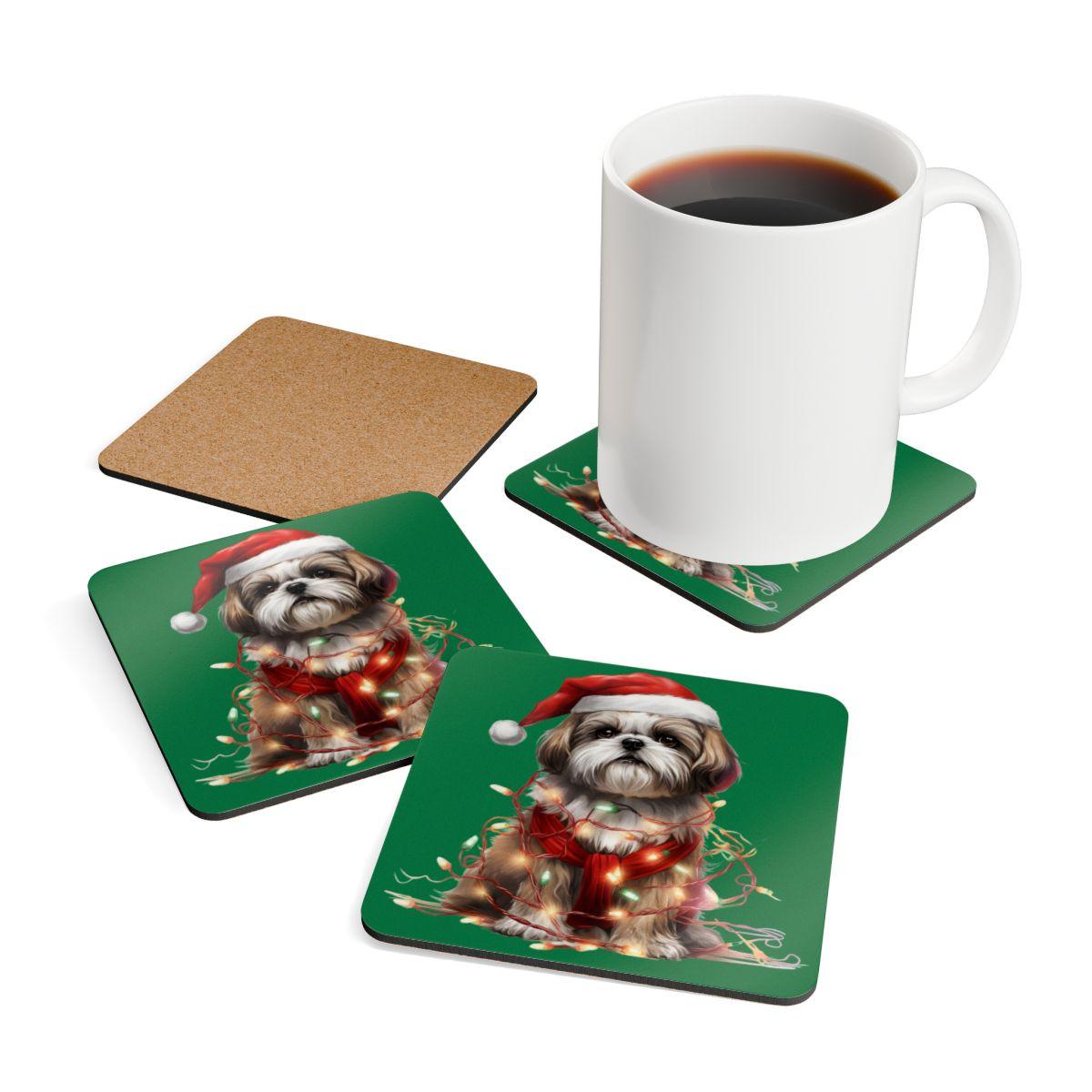 Shih Tzu Wearing a Christmas Hat and Wrapped in Lights Corkwood Coaster Set - Shih Tzu Gifts