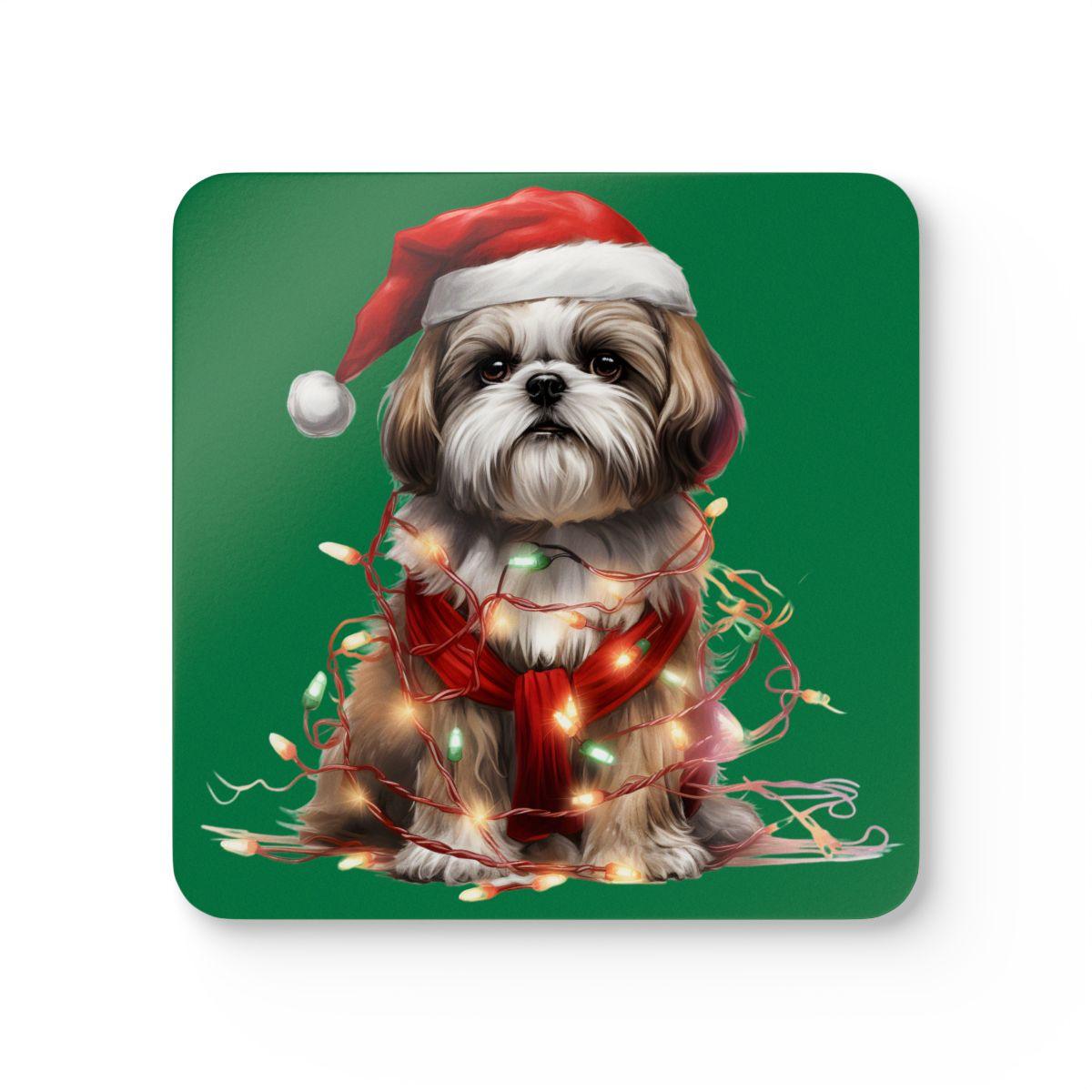 Shih Tzu Wearing a Christmas Hat and Wrapped in Lights Corkwood Coaster Set - Shih Tzu Gifts