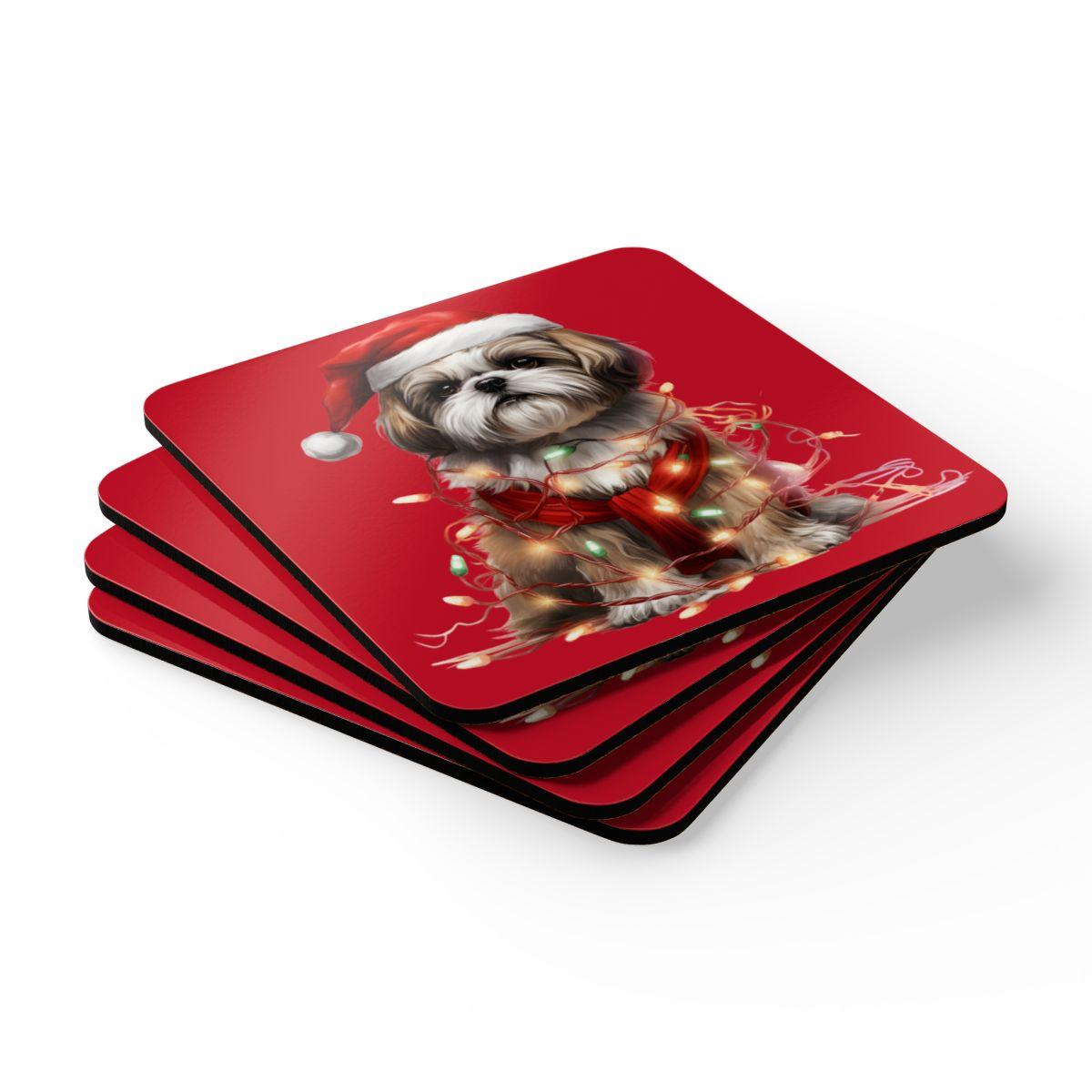 Shih Tzu Wearing a Christmas Hat and Wrapped in Lights Corkwood Coaster Set - Shih Tzu Gifts