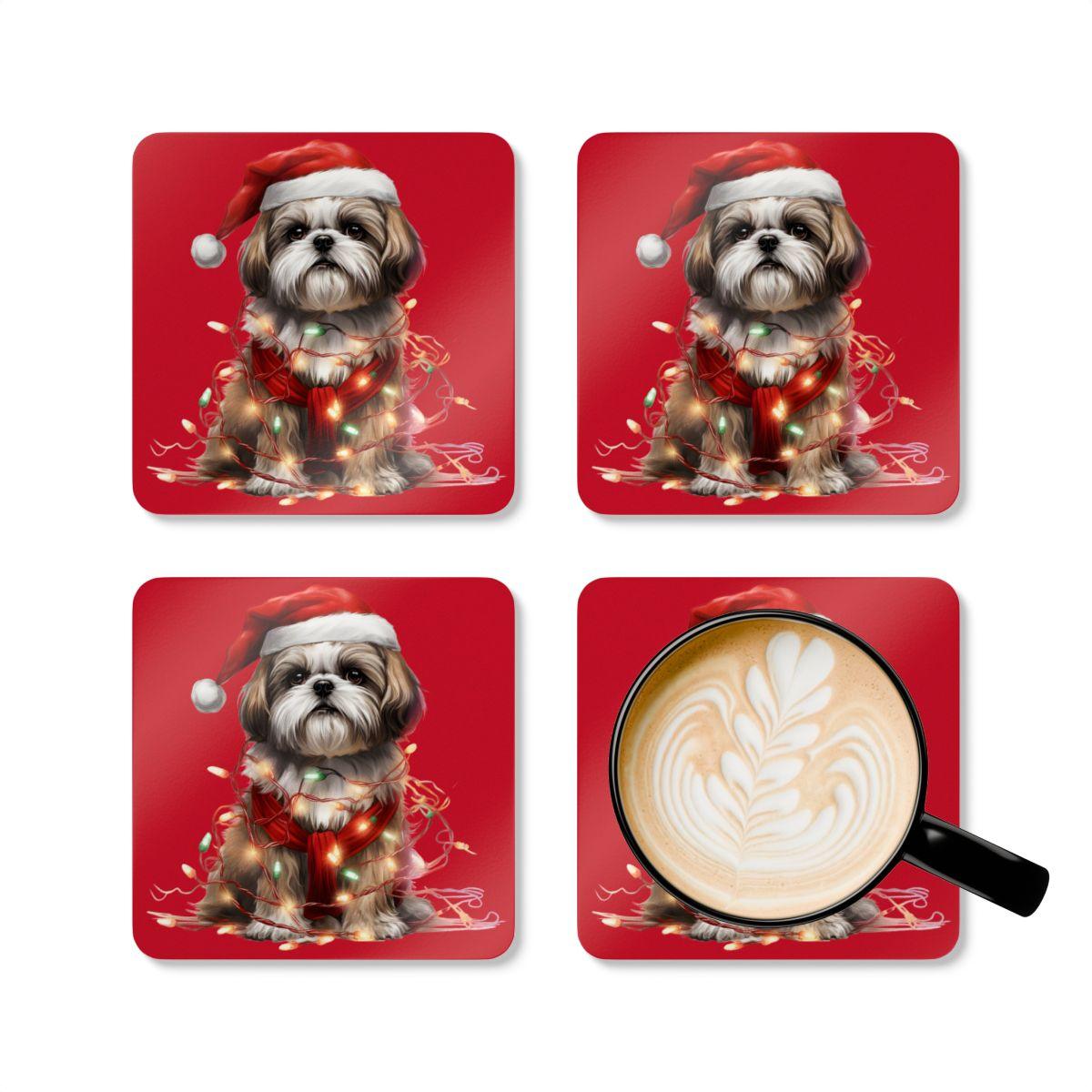 Shih Tzu Wearing a Christmas Hat and Wrapped in Lights Corkwood Coaster Set - Shih Tzu Gifts