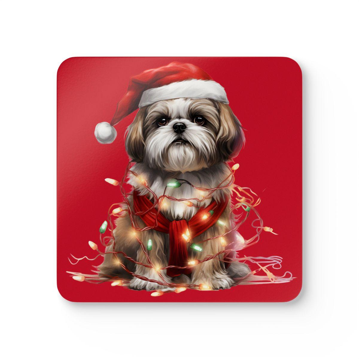 Shih Tzu Wearing a Christmas Hat and Wrapped in Lights Corkwood Coaster Set - Shih Tzu Gifts