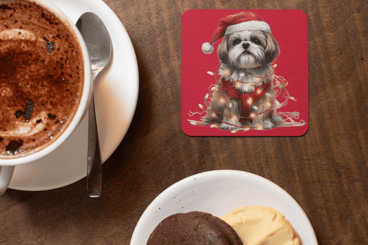 Shih Tzu Wearing a Christmas Hat and Wrapped in Lights Corkwood Coaster Set - Shih Tzu Gifts