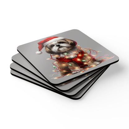 Shih Tzu Wearing a Christmas Hat and Wrapped in Lights Corkwood Coaster Set - Shih Tzu Gifts