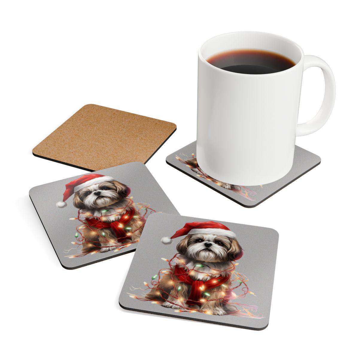 Shih Tzu Wearing a Christmas Hat and Wrapped in Lights Corkwood Coaster Set - Shih Tzu Gifts