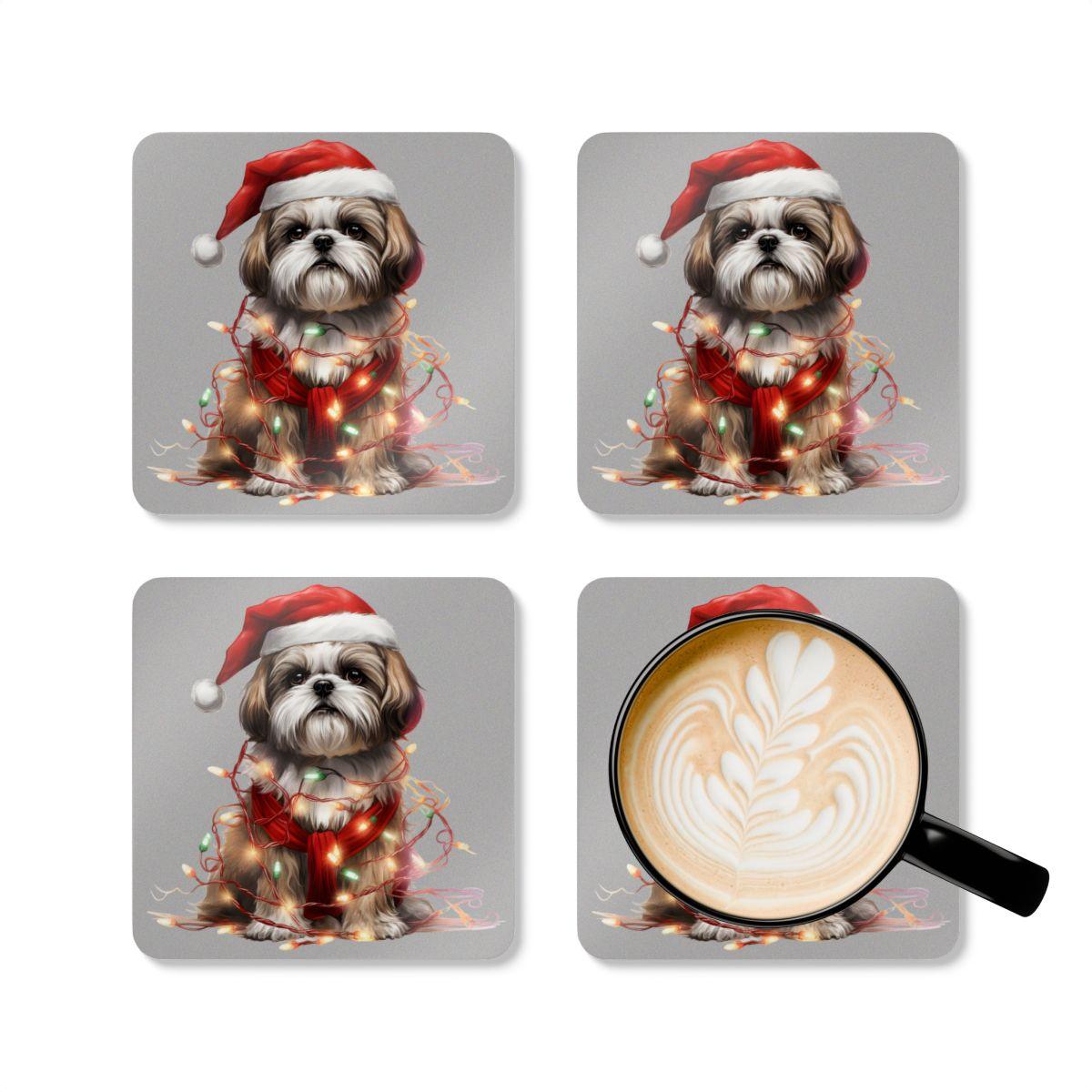 Shih Tzu Wearing a Christmas Hat and Wrapped in Lights Corkwood Coaster Set - Shih Tzu Gifts