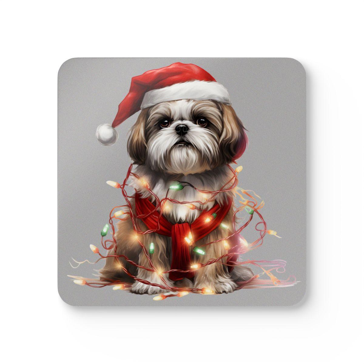 Shih Tzu Wearing a Christmas Hat and Wrapped in Lights Corkwood Coaster Set - Shih Tzu Gifts