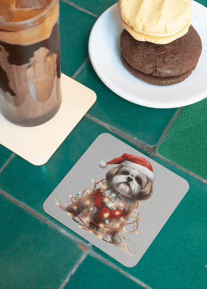 Shih Tzu Wearing a Christmas Hat and Wrapped in Lights Corkwood Coaster Set - Shih Tzu Gifts