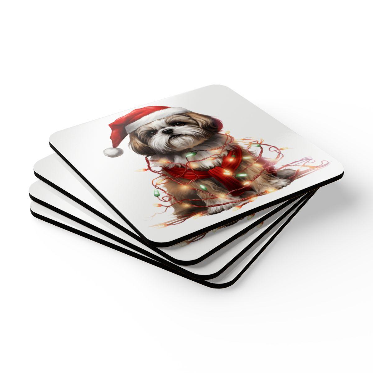 Shih Tzu Wearing a Christmas Hat and Wrapped in Lights Corkwood Coaster Set - Shih Tzu Gifts