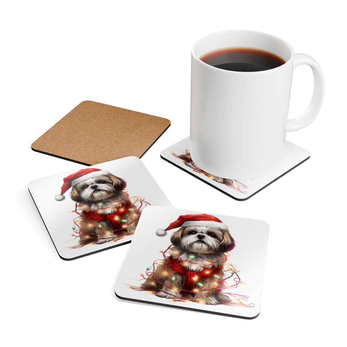 Shih Tzu Wearing a Christmas Hat and Wrapped in Lights Corkwood Coaster Set - Shih Tzu Gifts