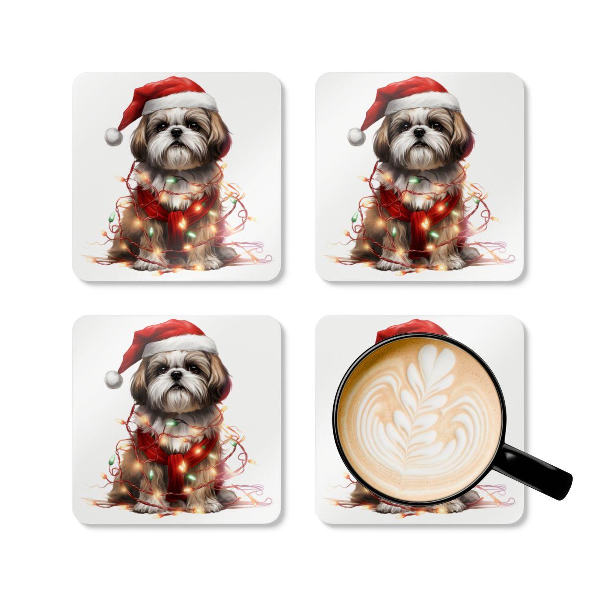 Shih Tzu Wearing a Christmas Hat and Wrapped in Lights Corkwood Coaster Set - Shih Tzu Gifts