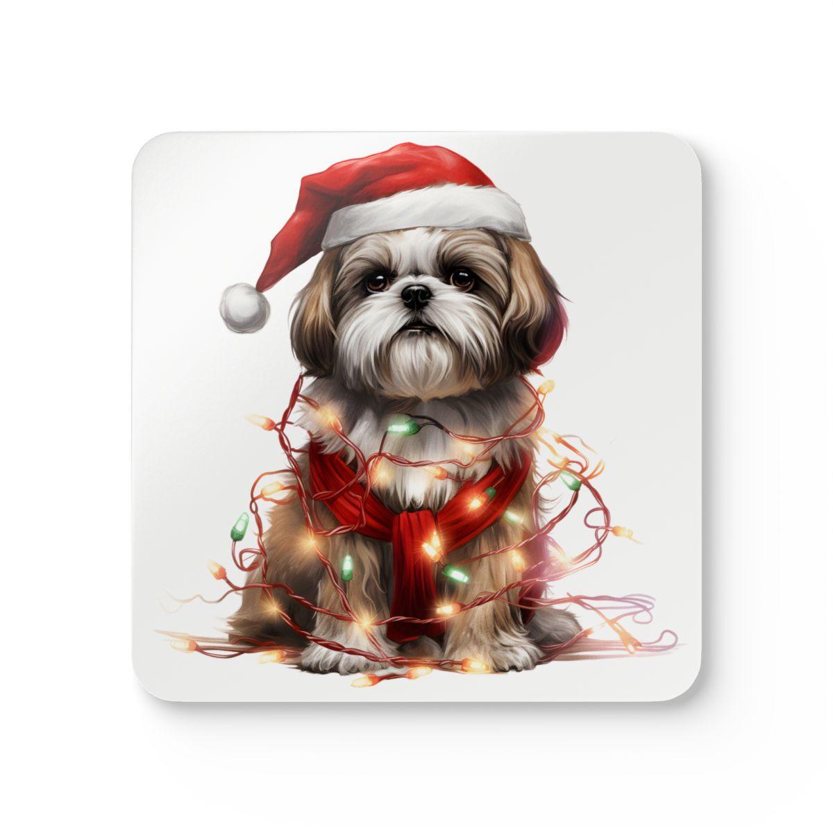 Shih Tzu Wearing a Christmas Hat and Wrapped in Lights Corkwood Coaster Set - Shih Tzu Gifts