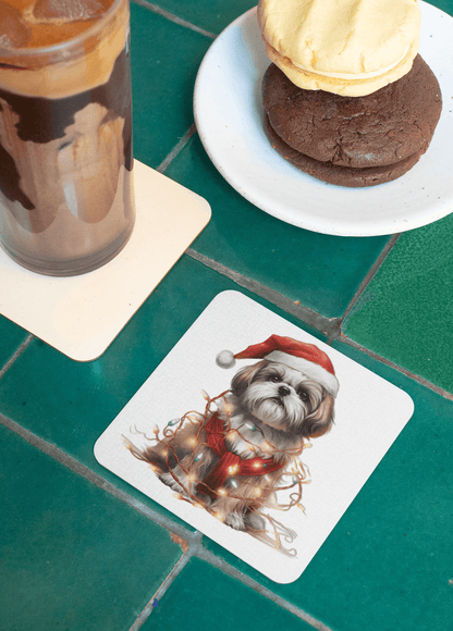 Shih Tzu Wearing a Christmas Hat and Wrapped in Lights Corkwood Coaster Set - Shih Tzu Gifts