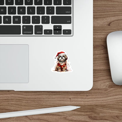 Shih Tzu Wearing a Christmas Hat and Wrapped in Lights Die-Cut Stickers - Shih Tzu Gifts