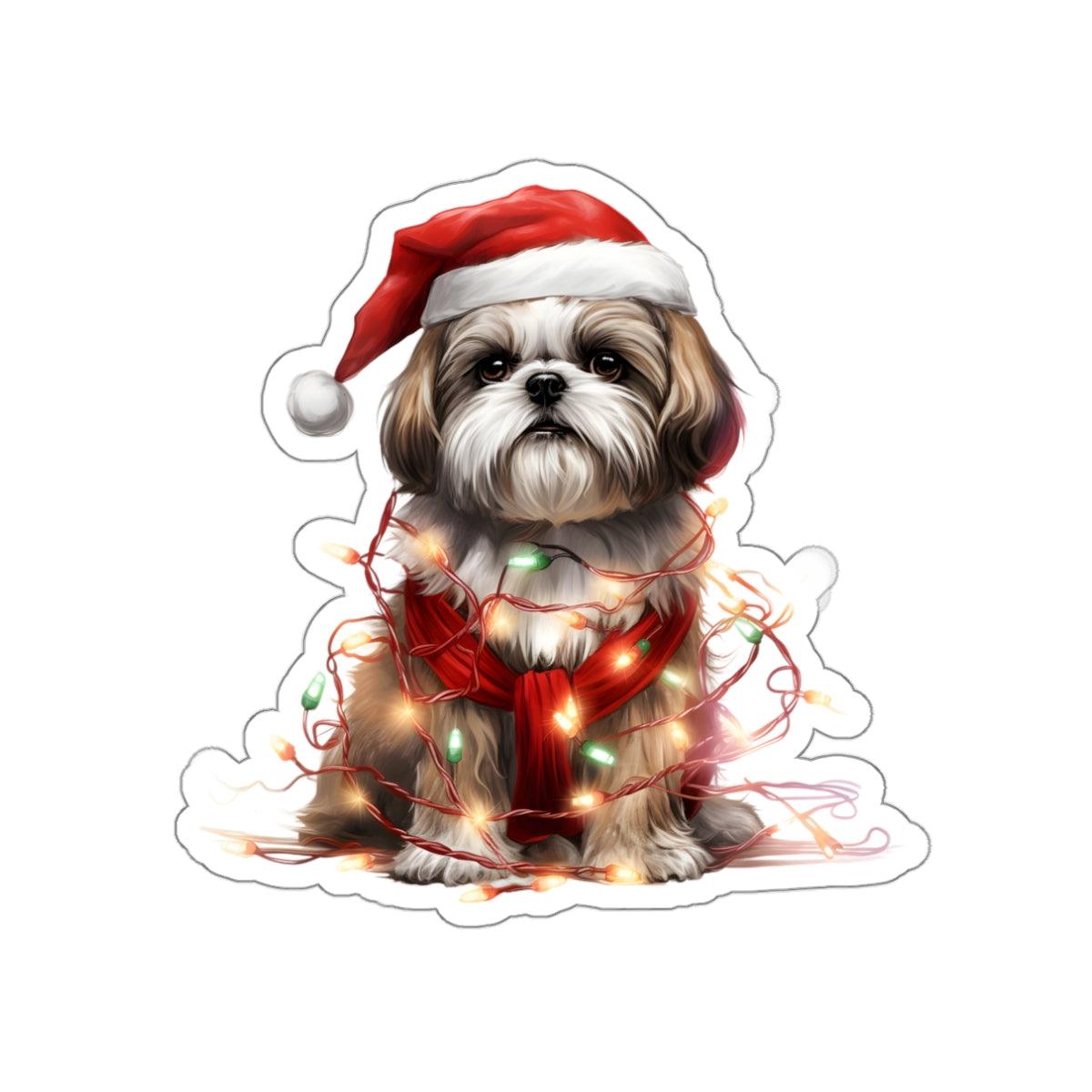 Shih Tzu Wearing a Christmas Hat and Wrapped in Lights Die-Cut Stickers - Shih Tzu Gifts