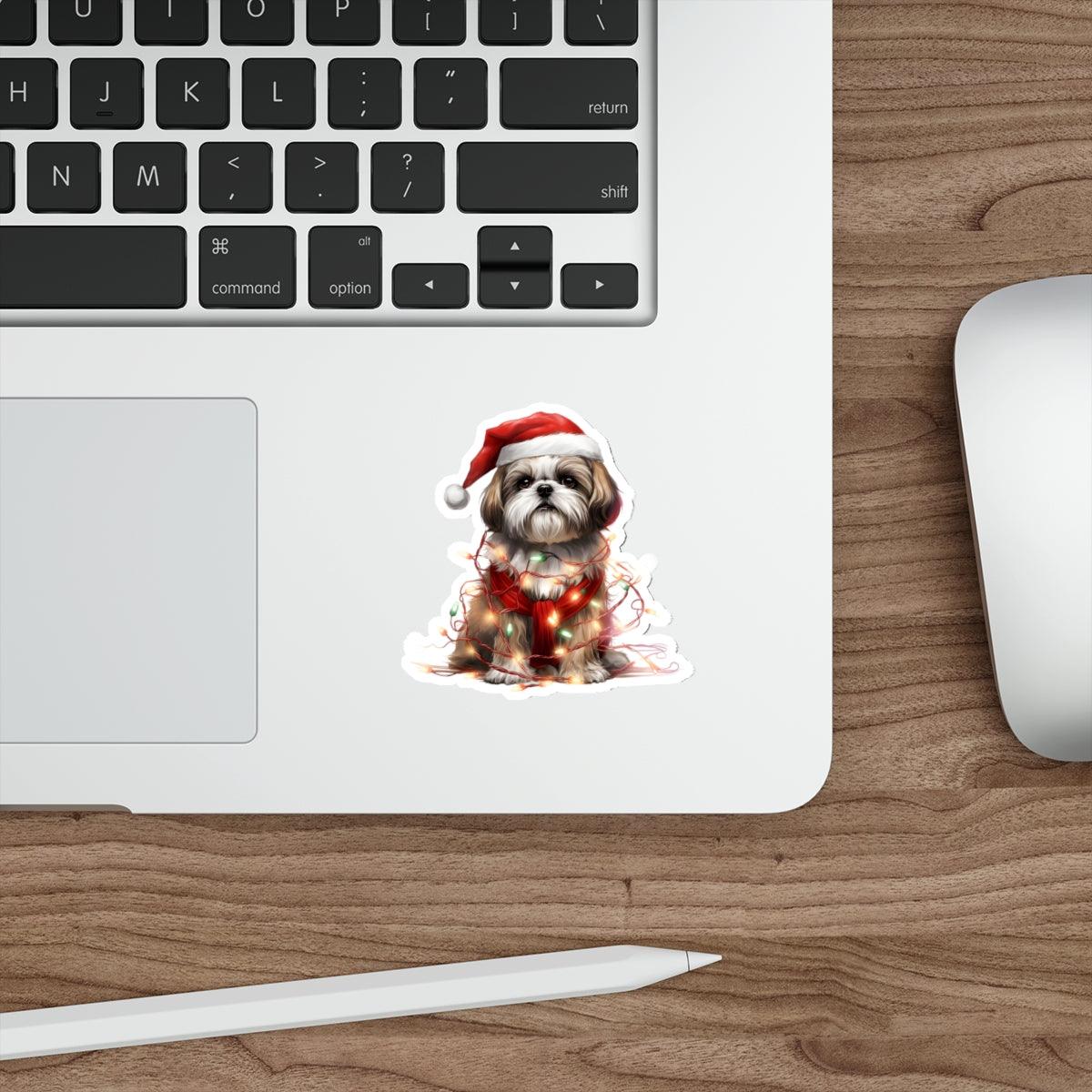 Shih Tzu Wearing a Christmas Hat and Wrapped in Lights Die-Cut Stickers - Shih Tzu Gifts