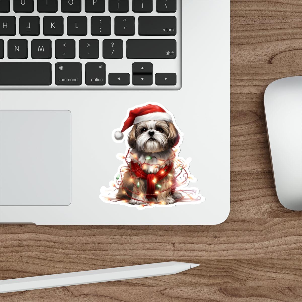 Shih Tzu Wearing a Christmas Hat and Wrapped in Lights Die-Cut Stickers - Shih Tzu Gifts