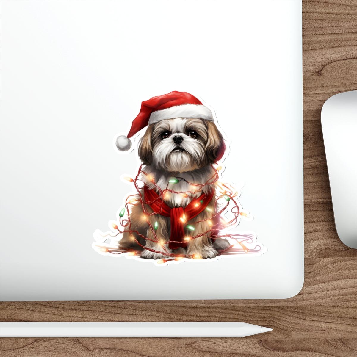 Shih Tzu Wearing a Christmas Hat and Wrapped in Lights Die-Cut Stickers - Shih Tzu Gifts