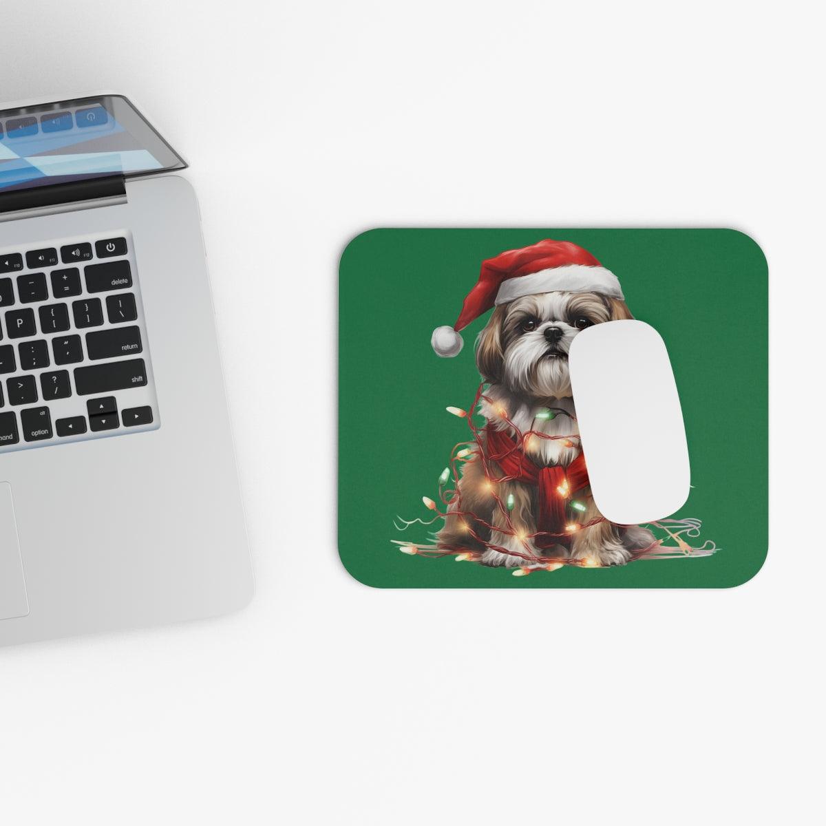 Shih Tzu Wearing a Christmas Hat and Wrapped in Lights Mouse Pad - Shih Tzu Gifts